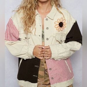 POL Women's Patchwork Jean Jacket - Cream, Black, Red; Size L; New